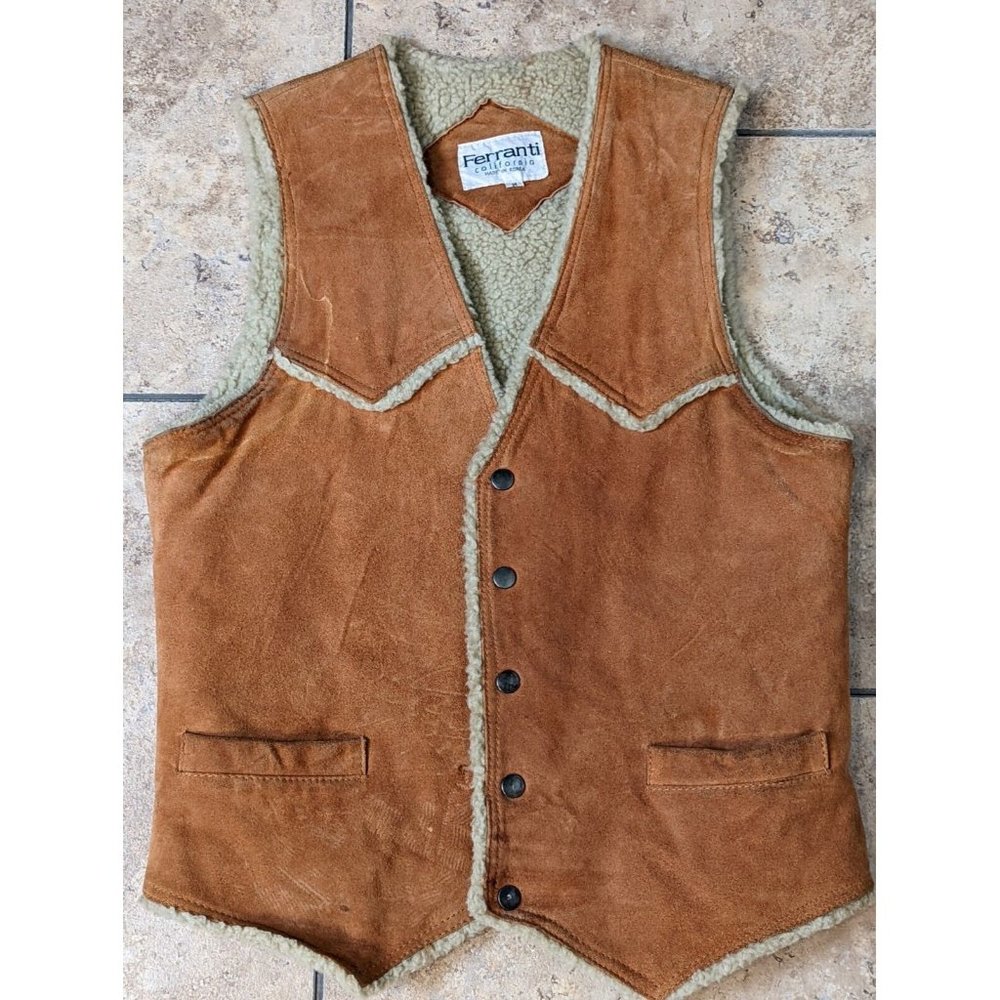 Vintage Ferranti California Brown Suade Leather Sherpa Vest Size M
